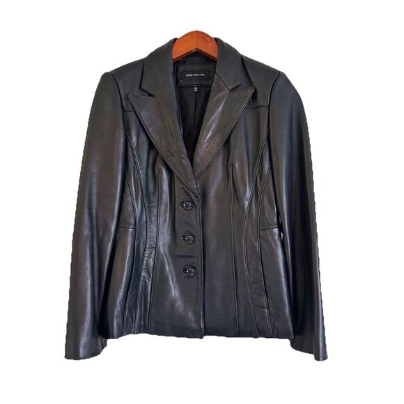 Jones New York Black Genuine Leather Blazer Jacket Women’s Size L Button Front - Picture 1 of 15
